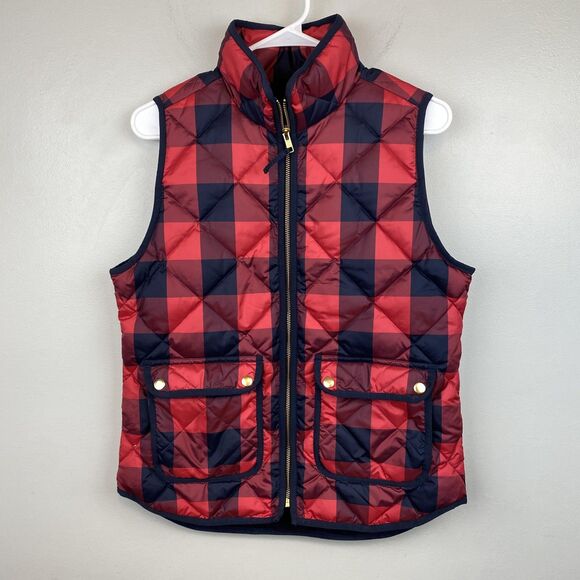 J Crew Vest Womens Small Red Black Buffalo Plaid Quilted Puffer Down Insulated - Picture 1 of 7